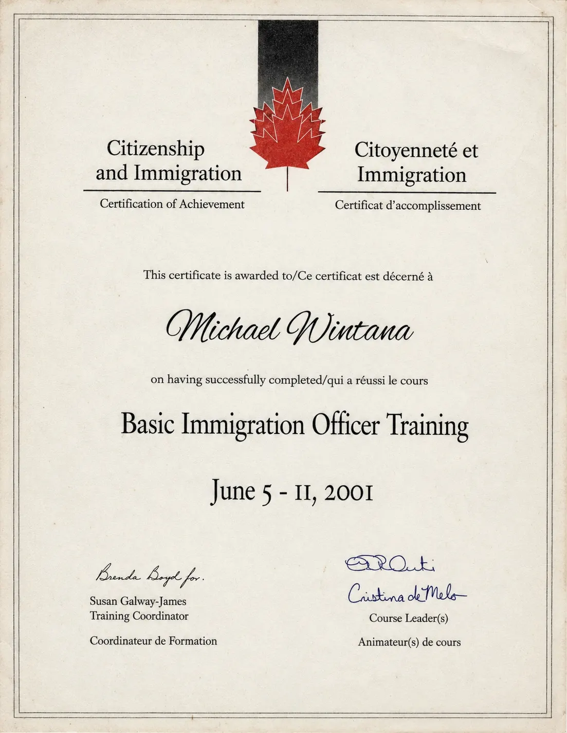 Basic Immigration Officer Training certificate