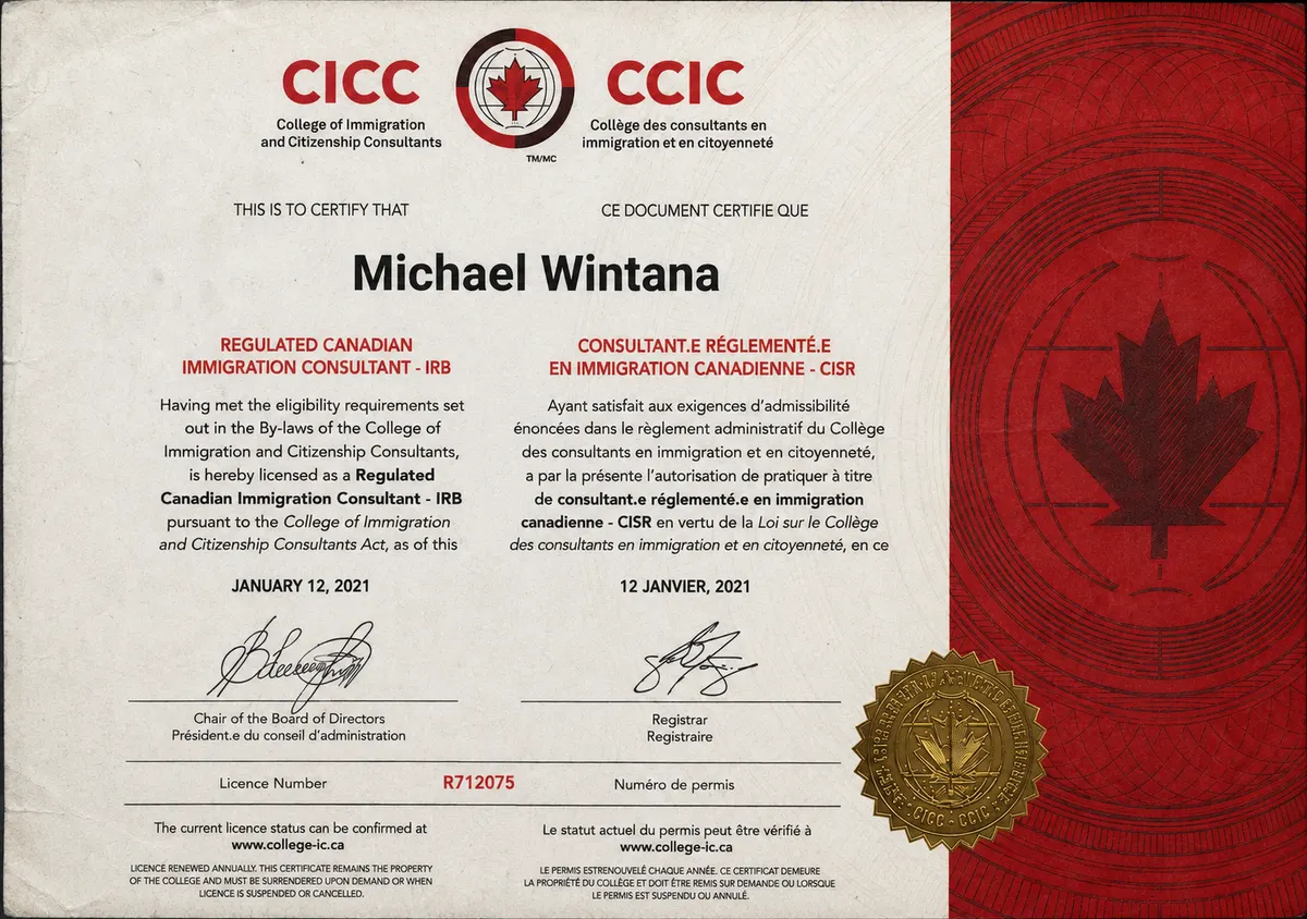 Regulated Canadian Immigration Consultant β IRB certificate
