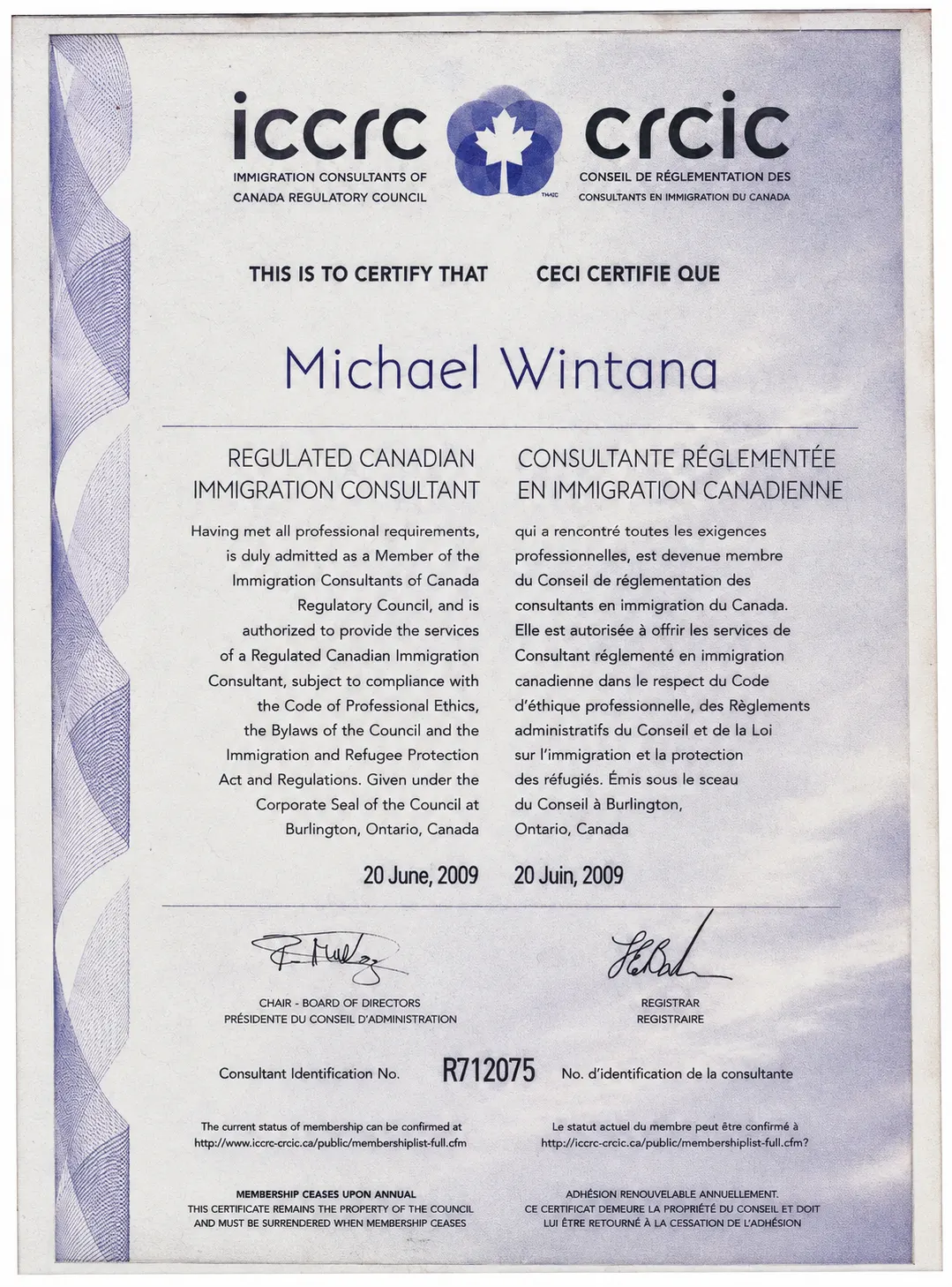 Regulated Canadian Immigration Consultant certificate